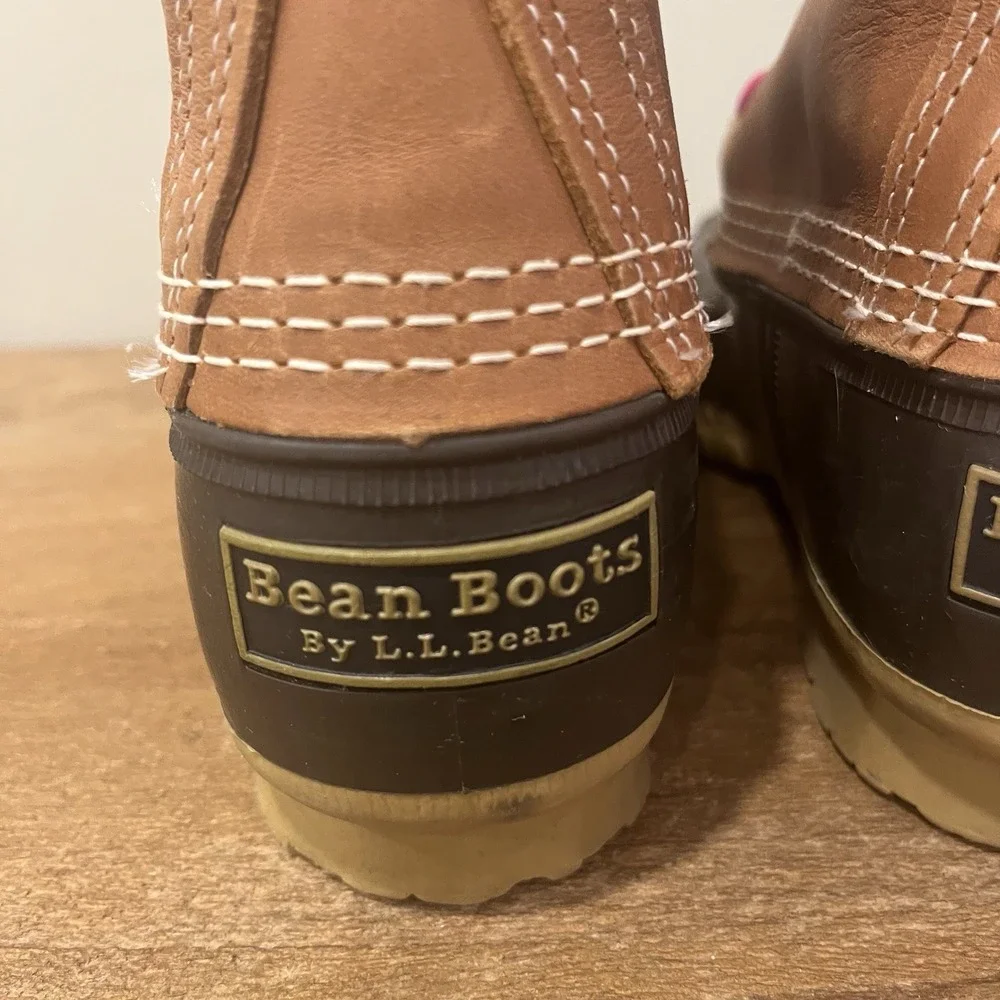 L.L. Bean Bean Boots Womens 7 Brown Leather Duck Boots Pink Laces Made in Maine